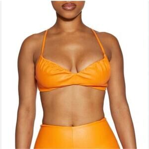 naked wardrobe vegan leather ruched orange bralette women medium